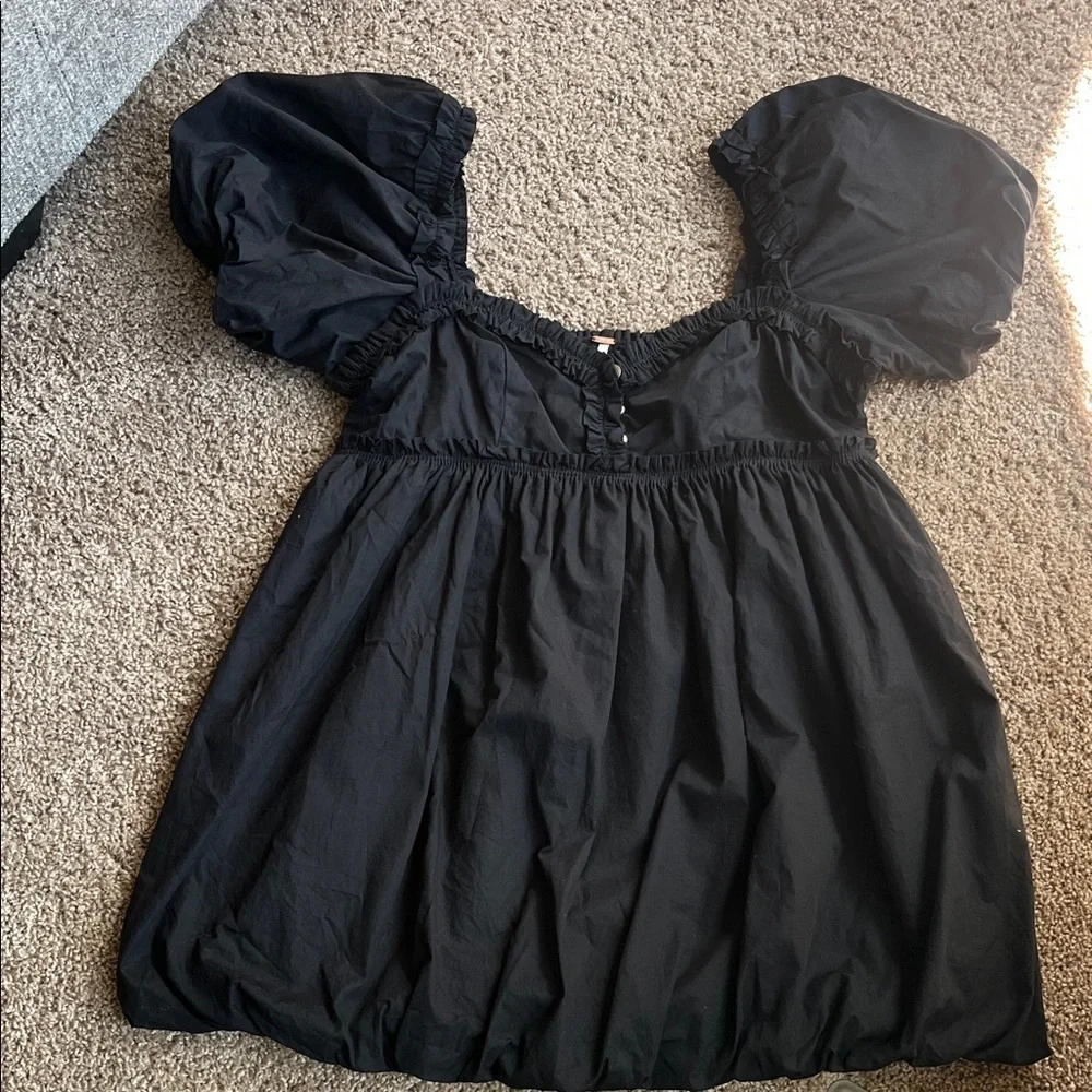 Free People Rendezvous Me  Black Puff Sleeve Mini Babydoll Dress Size Medium